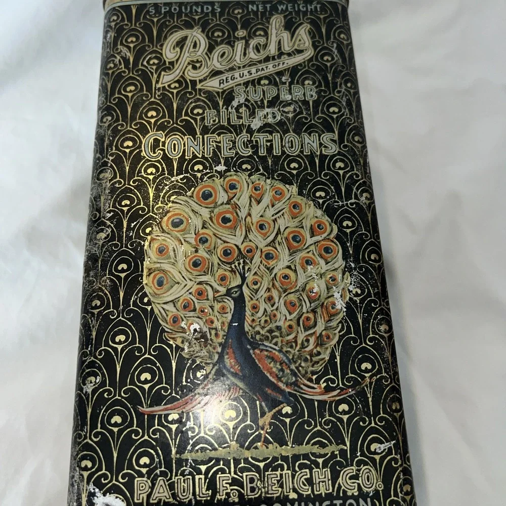 Vintage Metal Antique Advertising Tin Beichs Candy Confections Chicago peacock